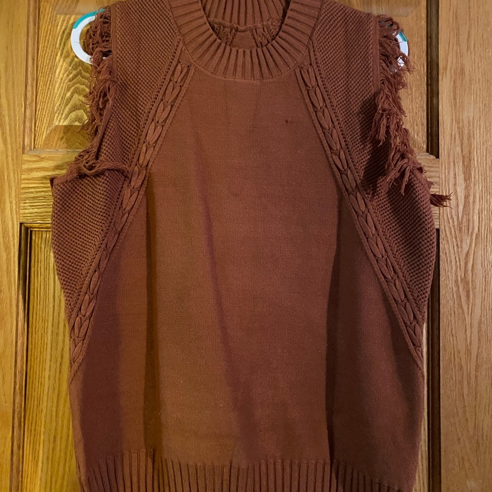 Brown Fringe Cable-Knit Sleeveless Sweater